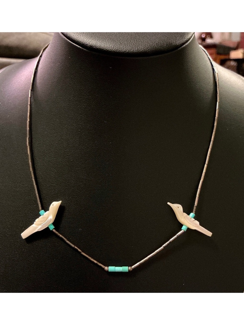 Vintage Liquid Silver Turquoise Carved Birds Fetish Necklace
